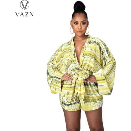 VAZN 2021 Boho Beach Print V-neck Holiday Style Daily Regular Playsuits Young Sexy Full Sleeve High Waist Women Skinny Playsuits