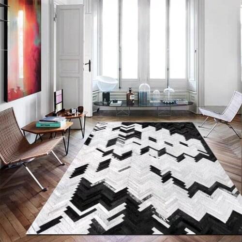Big size black and white strip living room fur carpet, Modern style cowhide skin fur patchwork rug, decorative villa floor mat