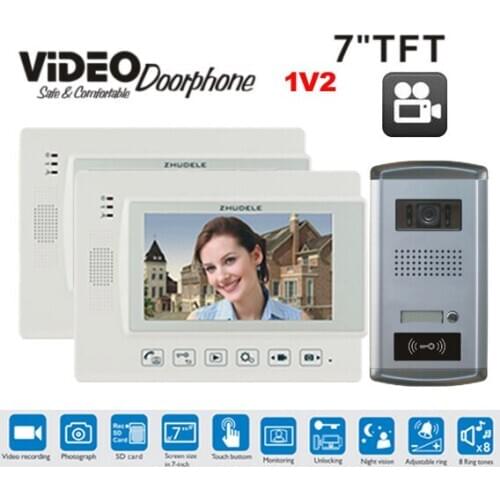 ZHUDELE Home Apartment 7" color Video Intercom Door phone System With video Recording Monitor +HD Door Camera With ID Card 1v2