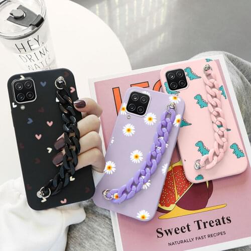 Flowers Phone Case For Samsung Galaxy A12 Case Wrist Chain Cover For Samsung A 12 a12 A125F A125 M12 F12 6.5" TPU Silicone Funda