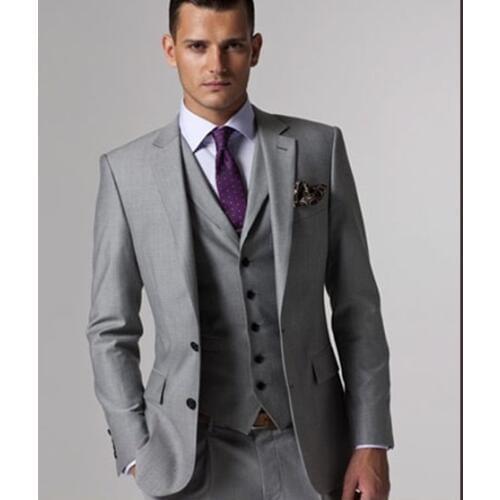 Italian Luxury Mens Grey Suits Jacket Pants Formal Dress Men Suit Set men wedding suits groom tuxedos(jacket+pants+vest+tie)
