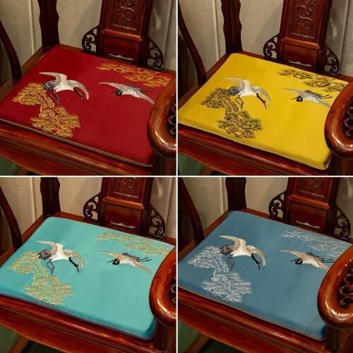 Chinese Embroidered Pine Crane Ethnic Seat Cushion Sofa Dining Chair Anti-slip Pads Home Decoration Satin Armchair Sits Mat