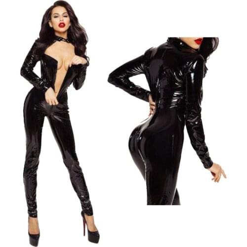 AIIOU Erotic Sexy Crotchless Latex Jumpsuit Sexi Teddy Bodysuit Women Zipper Open Crotch Leather Catsuit Lingerie Dress for Sex