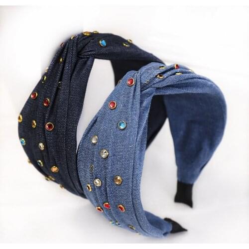 Summer New 2020 Women Colorful Rhinestones Jeans Headbands Denim Ladies Girls Headwrap Hairbands Twist bow Knot hair Accessories