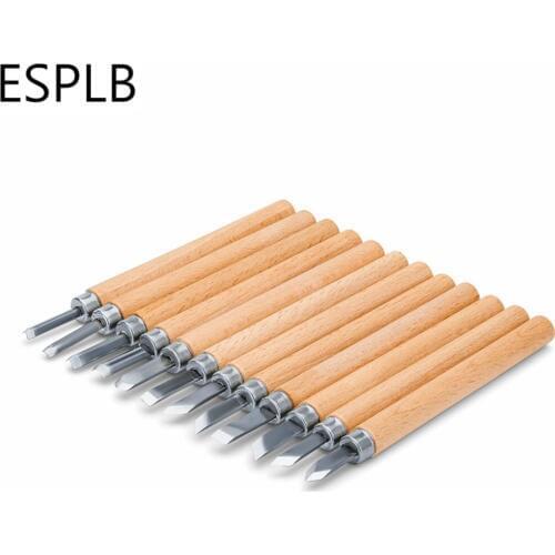 ESPLB 12pcs Carbon Steel Woodcut Knife Wood Carving Tools Non Slip Wood Handle Woodworking Arts Craft Cutter Graver Scalpel