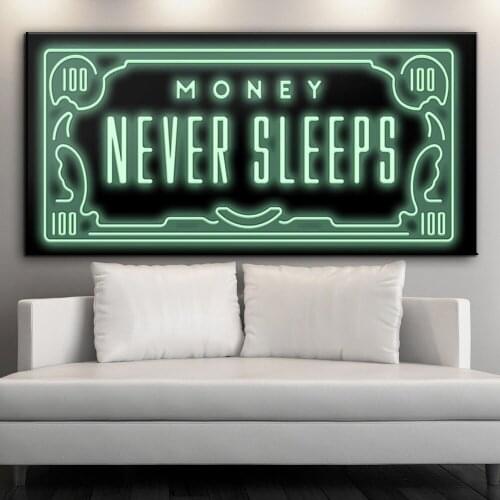 Office Hanging Painting Text "Money Never Sleeps" Inspirational Decorative Painting Wall Art Canvas Poster Kitchen Pictures