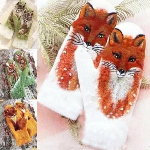 Women Elegant Winter Faux Cashmere Full Finger Gloves Sweet Colorful Animal 3D Print Thicken Warm Outdoor Windproof Thermal Mitt