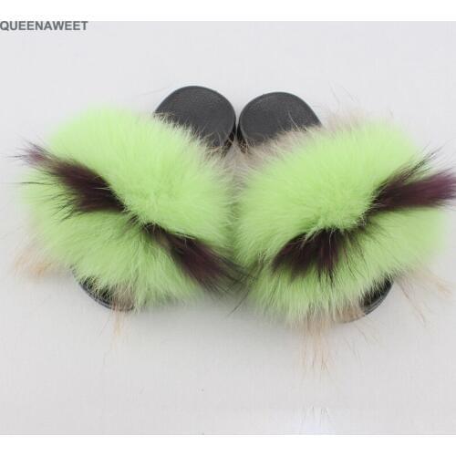 Real Fox Slippers Kids Winter Fur Home Slides Girl Flop Flips Raccoon Fluffy Cute Flats Beach Summer Children Boys shoes