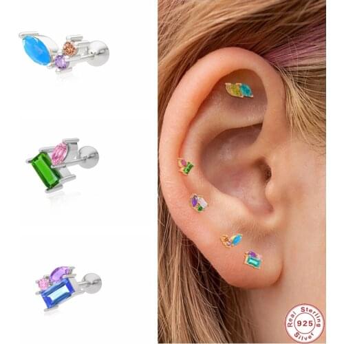 GS 1PC 925 Sterling Silver Colored Oval Square Zircon Stud Earrings for Women Mini Rainbow Crystal Piercing Cartilage Earrings