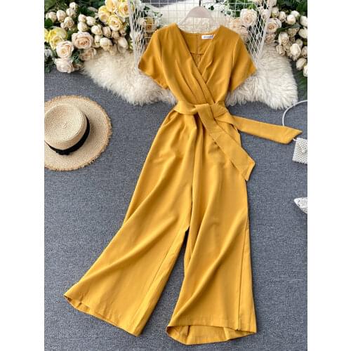 Womens Summer Jumpsuit New Solid Color V-neck Short-sleeved Wide-leg Pants with Waistband Fashion Jumpsuit LL030