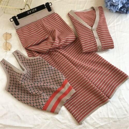 High Quality New 3 PCS Set Striped Cardigan Jacket+Suspender Vest+Side Slit Skinny Broad-legged Pants Women Autumn Knit Outfits