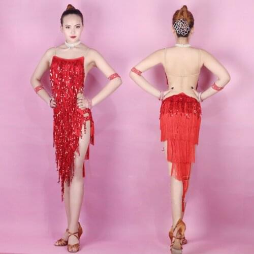 Red Sequins Latin Dance Dresses For Women High-end Custom Sexy Salsa Fringe Skirt Female Ballroom Competition Dress