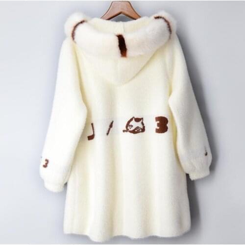 #6395 Winter Mohair Coat Women Loose Casual Knitted Sweater With Hood Ladies Letters Thick Warm Long Cardigan Female Harajuku
