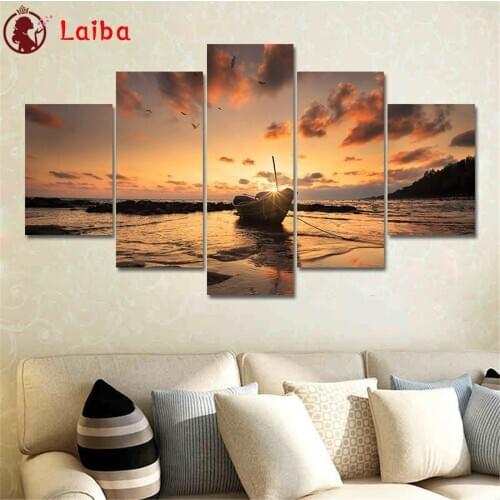 5d diy diamond painting Natural scenery, sunset sea boat diamond painting cross stitch mosaic embroidery diamond round square