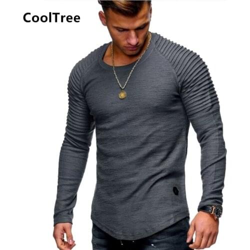 CoolTree Men T-Shirts Spring Autumn Pleated Patch Long sleeve T Shirt Male Slim Fit Solid color Casual T Shirts Brand Clothing