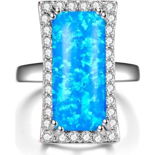 Boho Blue White Fire Opal Ring Gorgeous Big Stone Ring Silver Color Wedding Bands Jewelry Promise Engagement Rings For Women