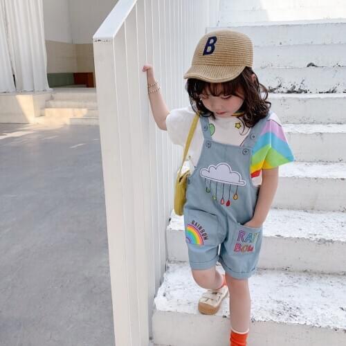 2020 Kids Girl Clothes Set Strap Shorts +Cotton Randow T-shirt Summer Fashion Baby Grils Cute Suspender Trousers Kids Overalls