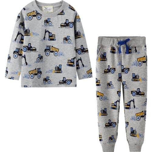 Cartoon Excavator Print Autumn Spring Outfits New Children Clothing Sets Boys Girls Tshirts + Bottoms Kids Suits Set