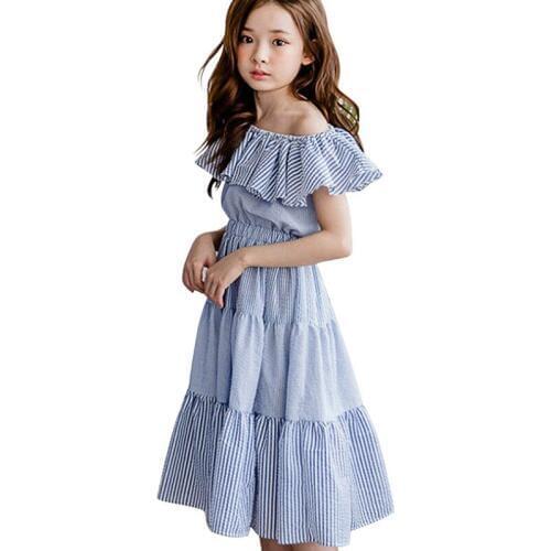 Summer dress for girl kids cotton ruffle princess sundress teenage girl stripe maxi beach dress long off shoulder boho vestido