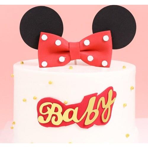 Bow Mouse Baby Shower Happy Birthday Cake Toppers for Girl`s Birthday Cake Dessert Decor Supplies Creative Foam Cake Decoration