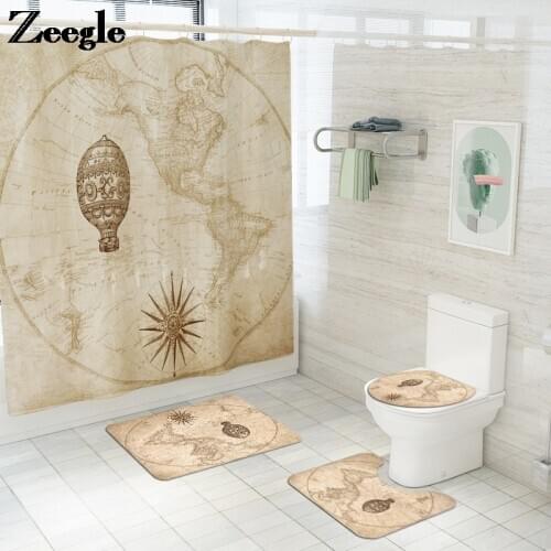 Retro Map Printed Bath Mat Set for Bathroom Toilet Foot Mat Bath Rugs and Shower Curtain Set Absorbent Bathroom Floor Mat
