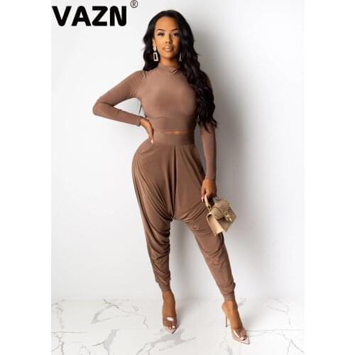 VAZN New chic 2020 sexy lady spring sexy lady 3 colors long solid set full sleeve turtleneck skinny tops harem pant set chic set