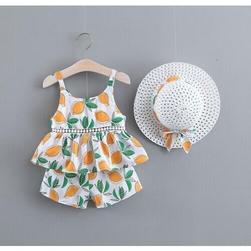 2020 New Baby Girls Clothes Sets Summer Toddler Girls Clothes Printing Vest T-shirt Tops + Shorts Pants + Hats Three-piece Suit