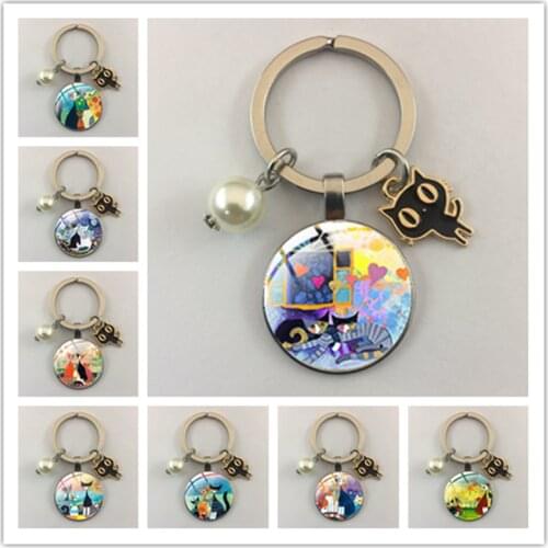 Fashion black and white cat keychain art picture glass cabochon keychain key ring jewelry gift