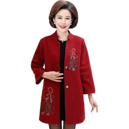 Autumn Winter Jacket Coat Women Embroidered Woolen coats Plus size Womens Stand collar Casual Long Woolen coats Overcoat F1128