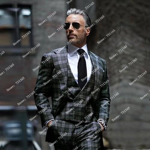 Last Designer Plaid Check Men Suits Business Blazers 3 Pieces Jacket+Vest+Pants Slim Fit Groom Wear Formal Party Smoking Tuxedos