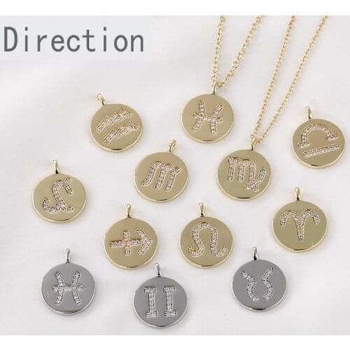 Customized 14K gold-plated 12 constellation tag inlaid zircon round medal pendant diy bracelet necklace earring accessories