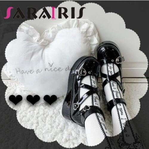 SaraIris Sweet Cute Women Solid Heart Buckle Strap Wedges Shoes Pumps Lolita Cosplay Kawaii Platform womens Marry Janes Pumps