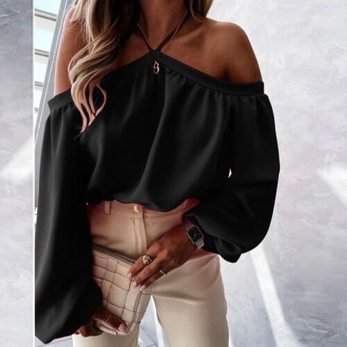 Sexy Off-shoulder Womens T-shirt Elegant Solid Long-sleeved Halter Top Pullover 2021 New Spring Casual Ladies Hollow T-shirt