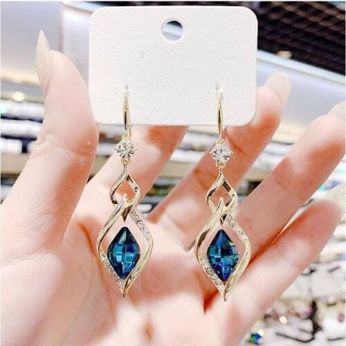 Net Red Sterling Silver New Geometric Rhombus Blue Crystal Earrings Fashion Temperament Long Diamond Earrings For Women Jewelry