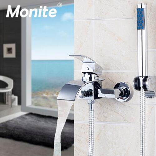 Modern Rainfall & Stream Spout Wall Mounted Tap Chrome Finish Rain Shower Head Faucet Shower Set Hot & Cold Mixer