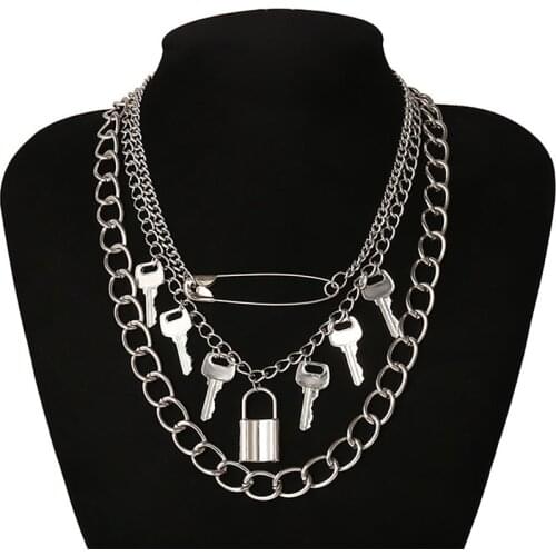 Dark Gothic Big Lock Key Angel Pendant Necklace Punk Hip Hop Three Style Choker Necklace Jewelry for Men and Women Gift