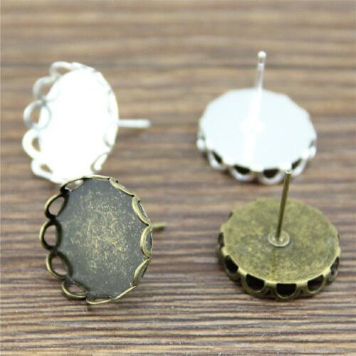 20pcs 2 Colors 10/12/14/16mm Lace Sharp Edge Copper Material Earring Studs, Earrings Base/Blank Bezels For Cabochon Craft