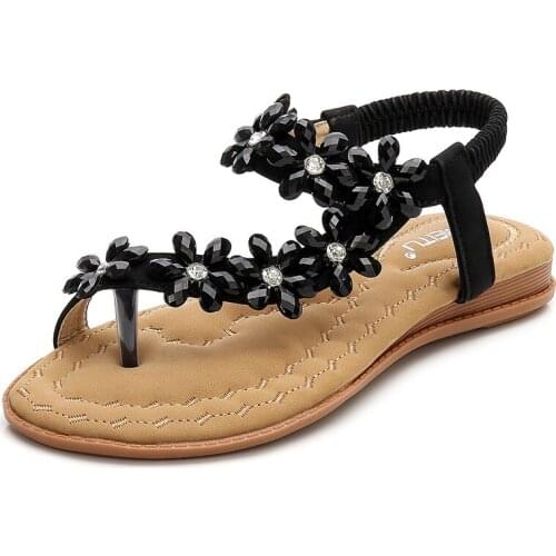 Pop Bohemian Summer Shoes Sweet Womens Flowers Flat Sandals High Quality Rhinestones Casual Flats Plus Size 35-42 Sandalias 25