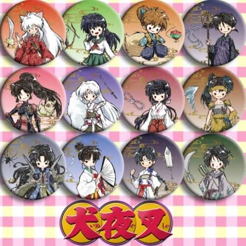 12pcs/1lot Anime Inuyasha Higurashi Kagome Sesshoumaru Figure 4874 Badges Round Brooch Pin Gifts Kids Toy