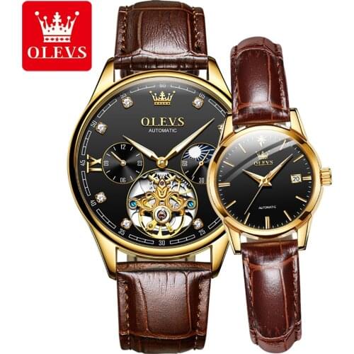 2021 OLEVS Brand Couple Watch Mechanical Automatic Fashion Business Mens Watch Ladies Watch Leather Boutique Couple Watch 6629