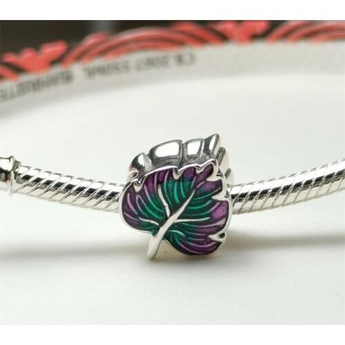 5PCS New Enamel Purple And Green Leaf Leaves Charm DIY Women Fine Bracelet Accessories Zinc Alloy Big Hole Beads Fit Craft Gifts