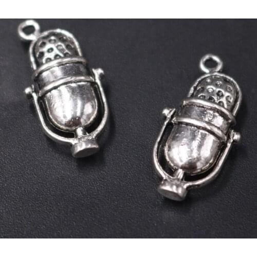 8pcs Silver Color 3D Capsule Shape Music Microphone Pendants DIY Charm Hip Hop Earring Bracelet Music Fans Jewelry Crafts Making