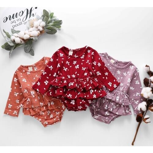 3-18Months Infant Baby Girls Long Sleeve Ruffles Floral Print Bodysuit Romper Clothes боди для новорожденных 0 Cotton linen M5