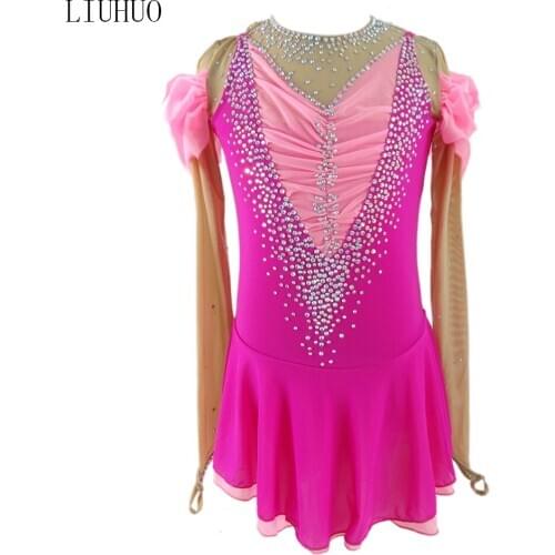 Kids Girls Sparkly Figure Skating Dress Sleeveless Rhinestone Mesh Splice Ice Skating Roller Skating Ballet Dress
