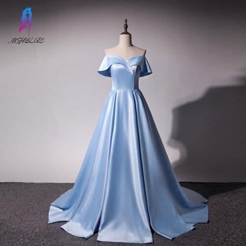 Classic Sky Blue Satin Prom Dresses Long Off the Shoulder Formal Gowns Women Dress Back Zipper MSHBLUE