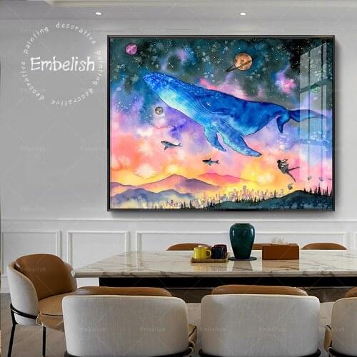 Embelish Hot Large Hand Draw Whale Diving Into Fantasy Space Fish Wall Art Pictures For Living Room Home Decor Canvas Paintings