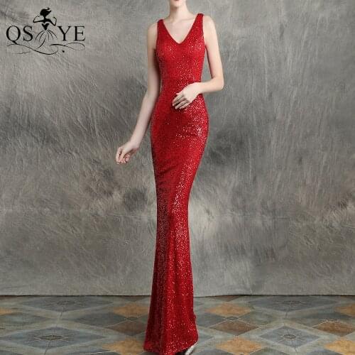 Red Mermaid Evening Dress Sleeveless Deep V Neck Prom Gown Backless Sequin Long Party Dress Glitter Fit Stretch Red Formal Gown