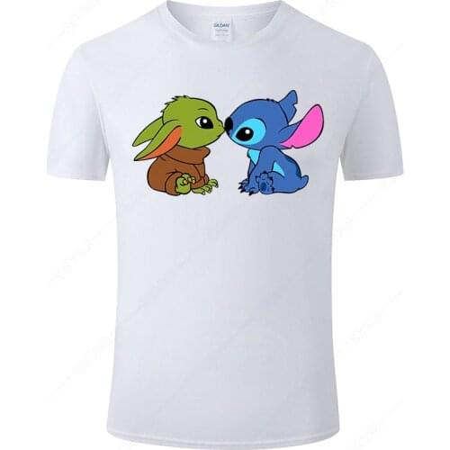 Summer Cotton Short Sleeve Baby Yoda And Stitch T Shirts Men Women Fashion Printed T-shirt Disney Cartoon Anime Tops Tee J02