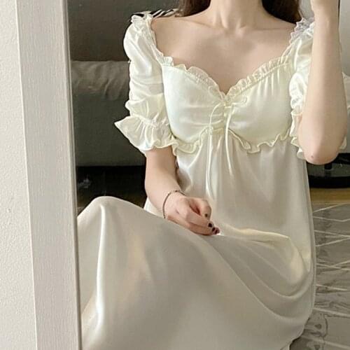 Summer New French Sweet Lace-up Vintage Nightgowns Women Short Sleeve V-Neck Solid Sleeping Dress Loose Sexy Home Clothes 2021