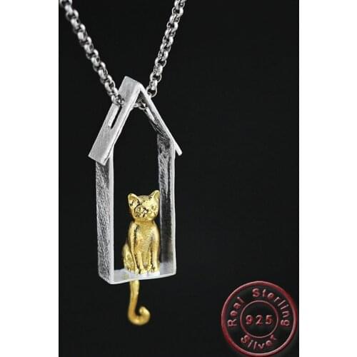 Amxiu 100% 925 Sterling Silver Handmade Pendants House Cat Shape Necklace For Women Men Kid Holiday Party Jewelry Birthday Gifts